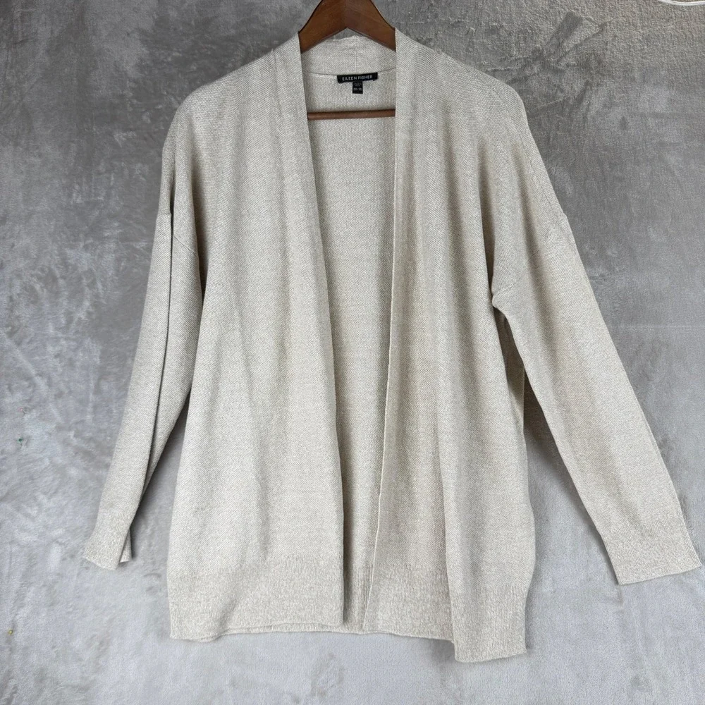 Eileen Fisher Organic Linen Cotton Open Front Cardigan‎ Oatmeal Beige PM